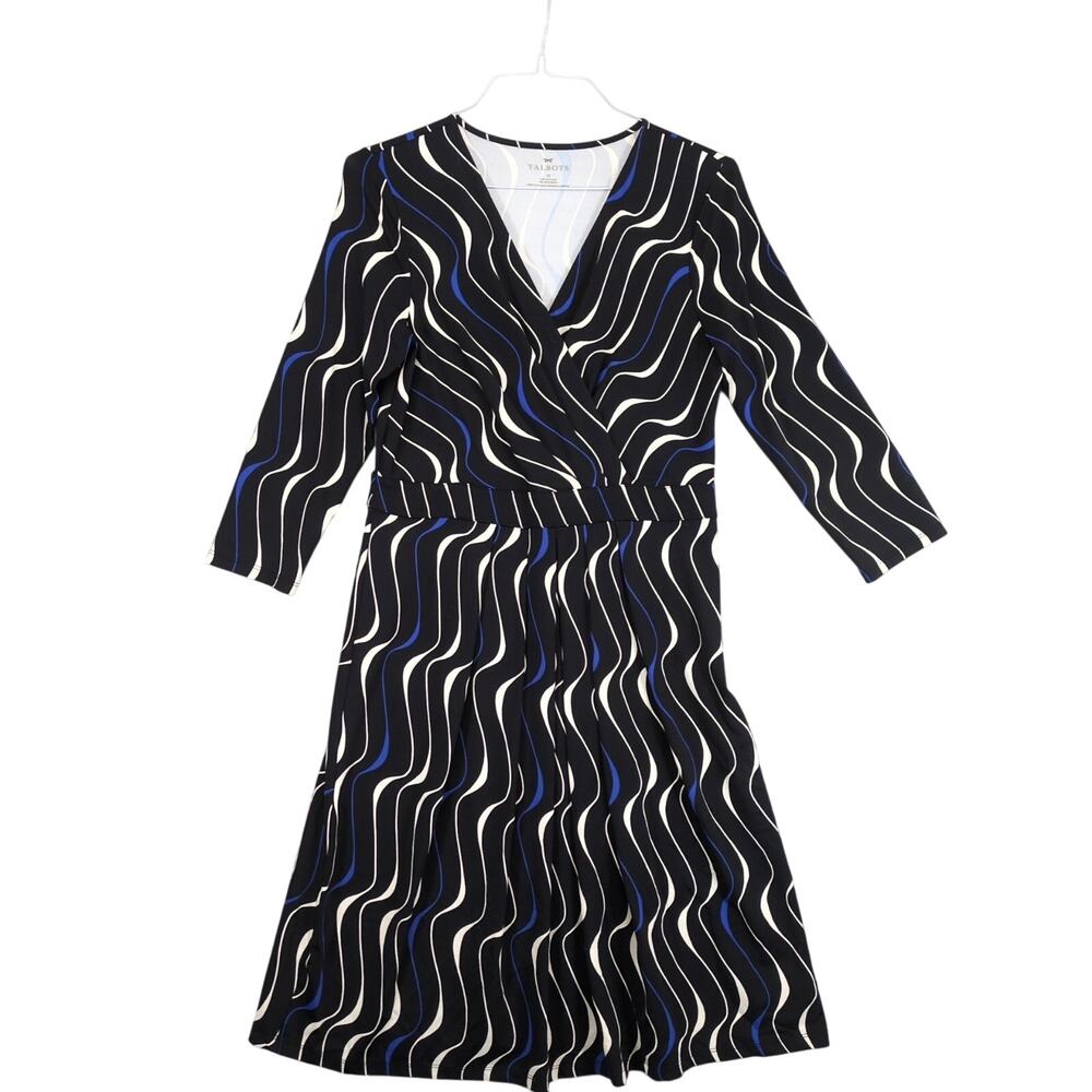 Vtg Talbots Sz 10 Black Whimsical Waves Career Wrap V Midi Dress, Stretch Belted